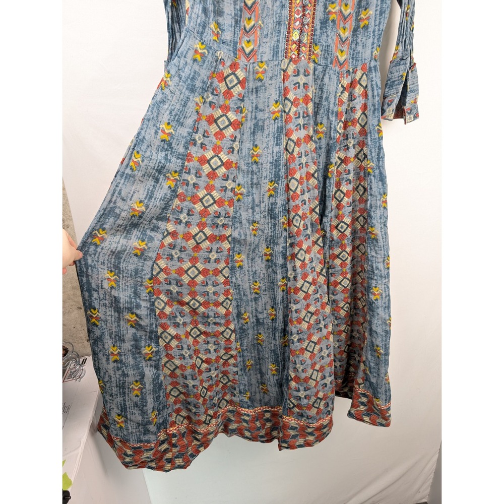 Y2K Embroidered Peasant Maxi Dress Size M Blue Ren Faire Boho Cottagecore Tribal - Picture 4 of 9